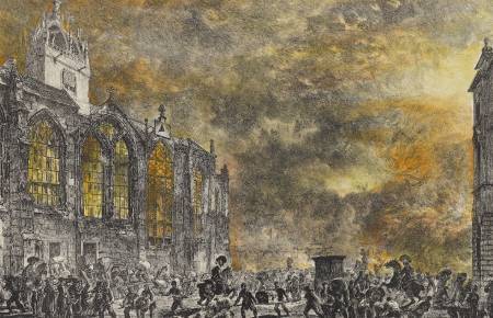 Historic illustration of the Great Fire of Edinburgh in 1824 beside St Giles' Cathedral