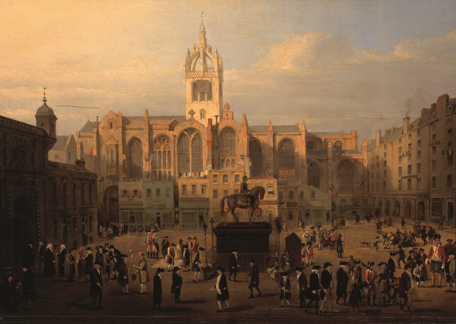 Historic painting of Parliament Square and St Giles' Cathedral in Edinburgh